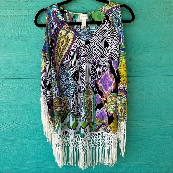 CHICO’S RETRO MACRAMÉ FRINGE PAISLEY MOD TUNIC TOP SIZE LARGE EUC - Picture 11 of 12